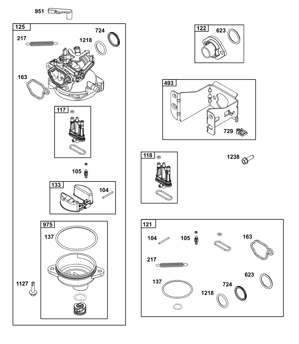Carburetor Group Diagram and Parts List for 125P07-0007-H5 100000 - 19Z999 Briggs and Stratton Engine